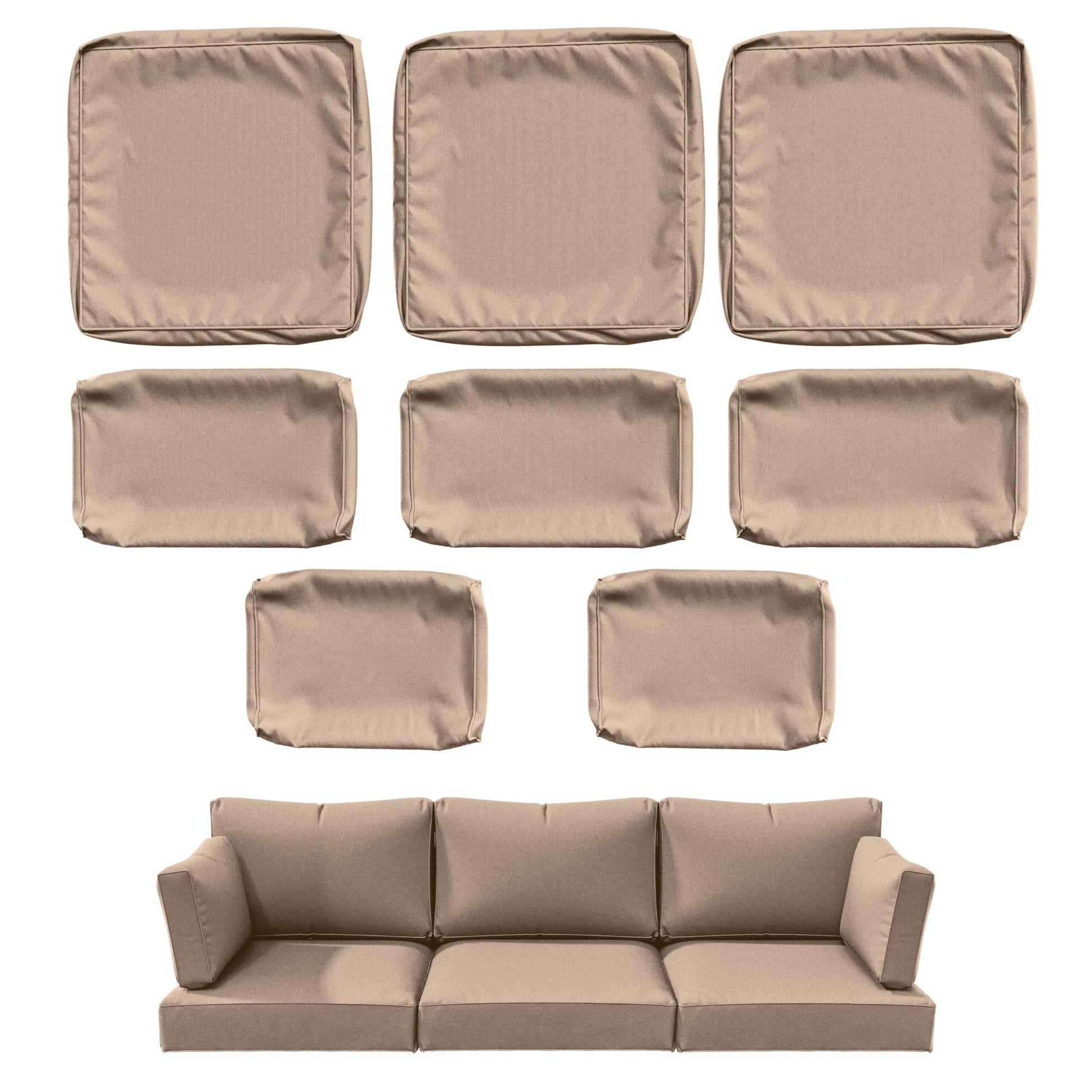 Beige slipcovers for sofa cushions including backrests, seat cushions, and armrests in a set of eight