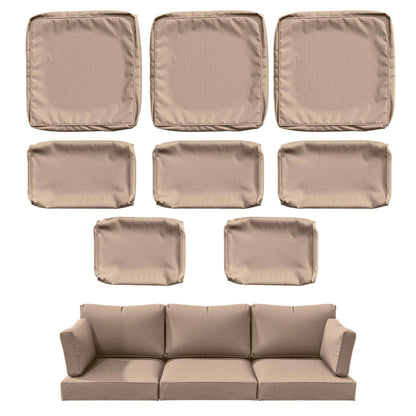 Beige slipcovers for sofa cushions including backrests, seat cushions, and armrests in a set of eight