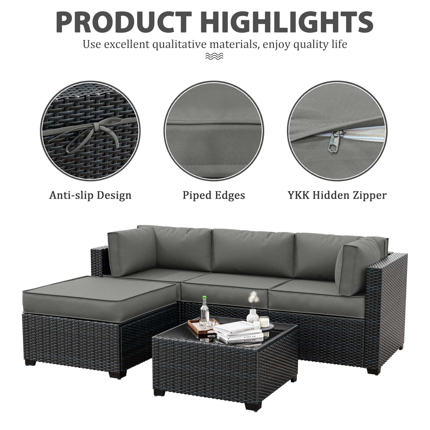 Gray outdoor rattan sectional sofa set with cushions, anti-slip design, piped edges, and YKK hidden zipper