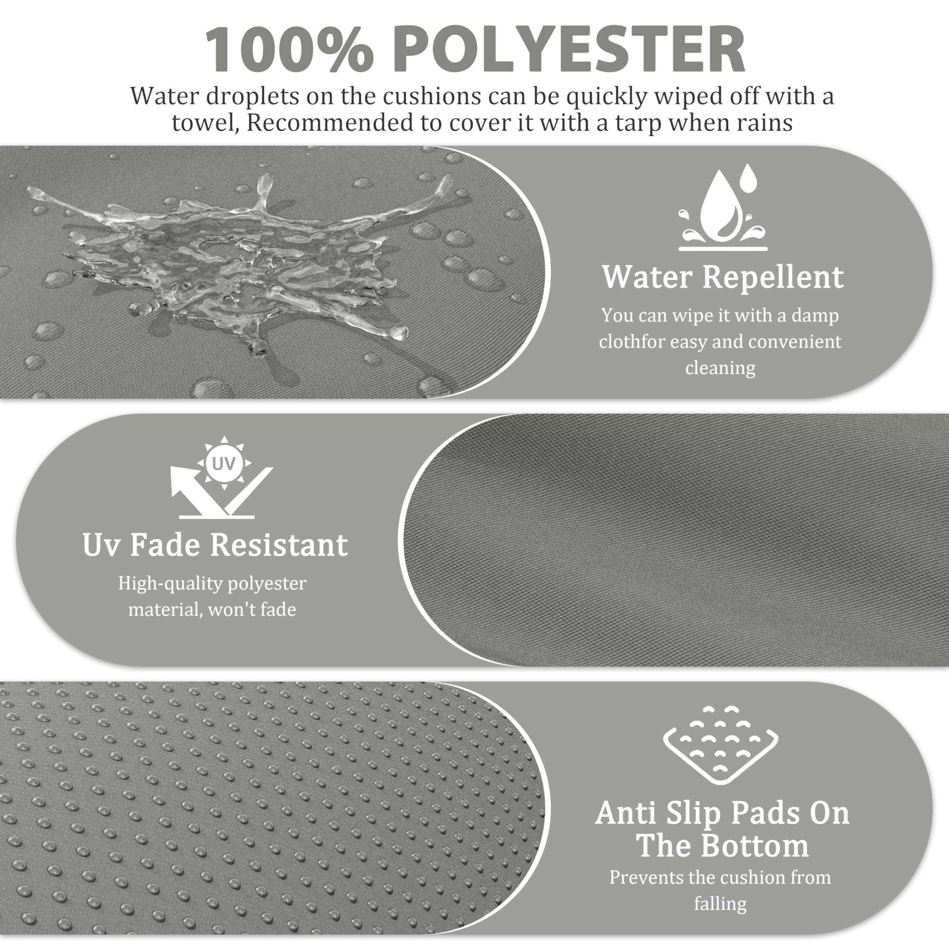 100% polyester cushion fabric with water repellent, UV fade resistant, and anti-slip pads features