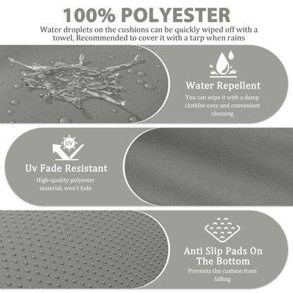 100% polyester cushion fabric with water repellent, UV fade resistant, and anti-slip pads features
