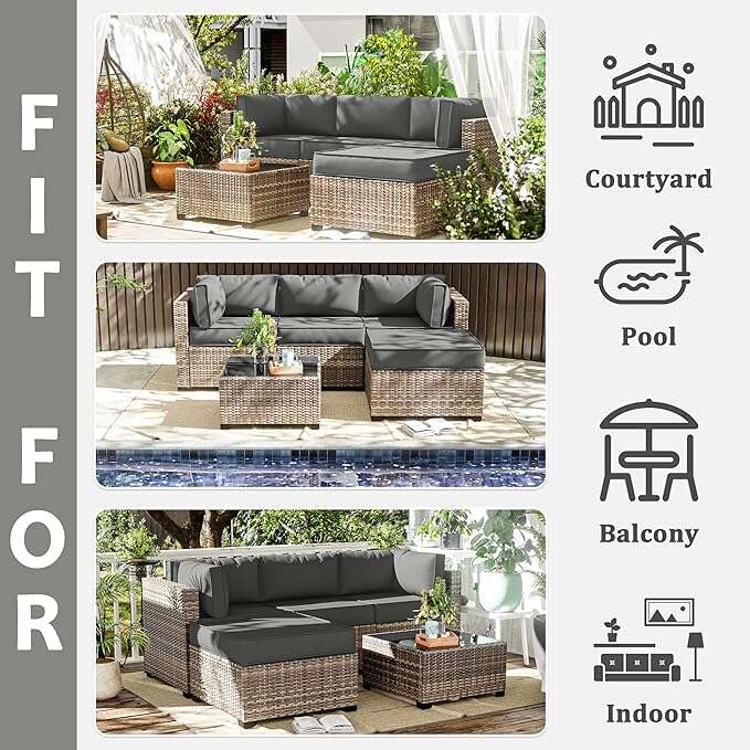Outdoor furniture set with gray cushions in various settings including a courtyard, pool, balcony, and indoor.