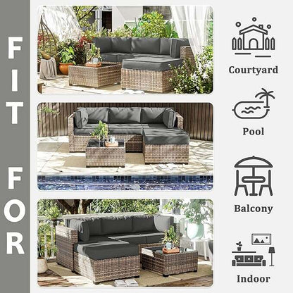 Outdoor furniture set with gray cushions in various settings including a courtyard, pool, balcony, and indoor.