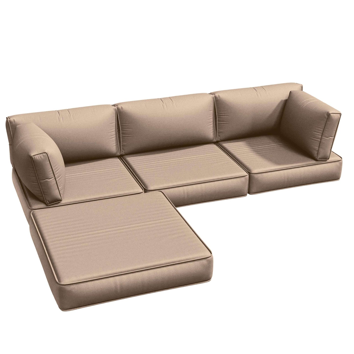 Beige L-shaped fabric sofa with removable cushions and armrests on white background