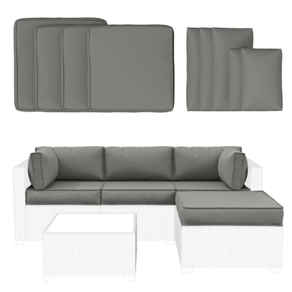 Gray outdoor sofa cushion set including seat, back, and bolster cushions for sectional wicker furniture