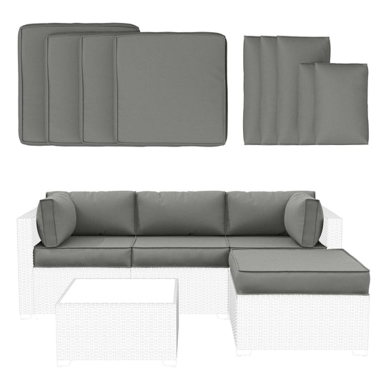 Gray outdoor sofa cushion set including seat, back, and bolster cushions for sectional wicker furniture