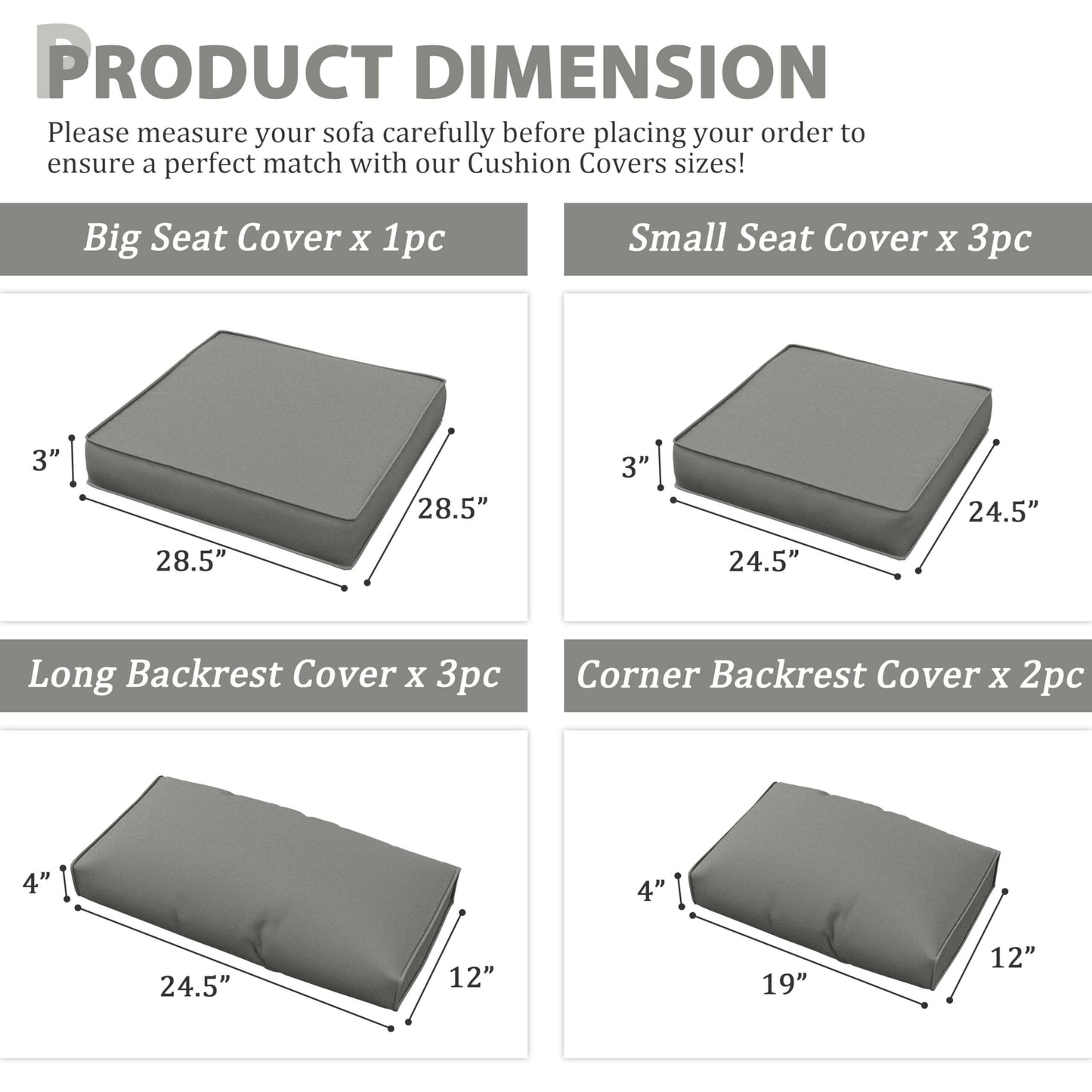 Diagram showing dimensions for sofa cushion covers: big seat 28.5x28.5x3, small seat 24.5x24.5x3,