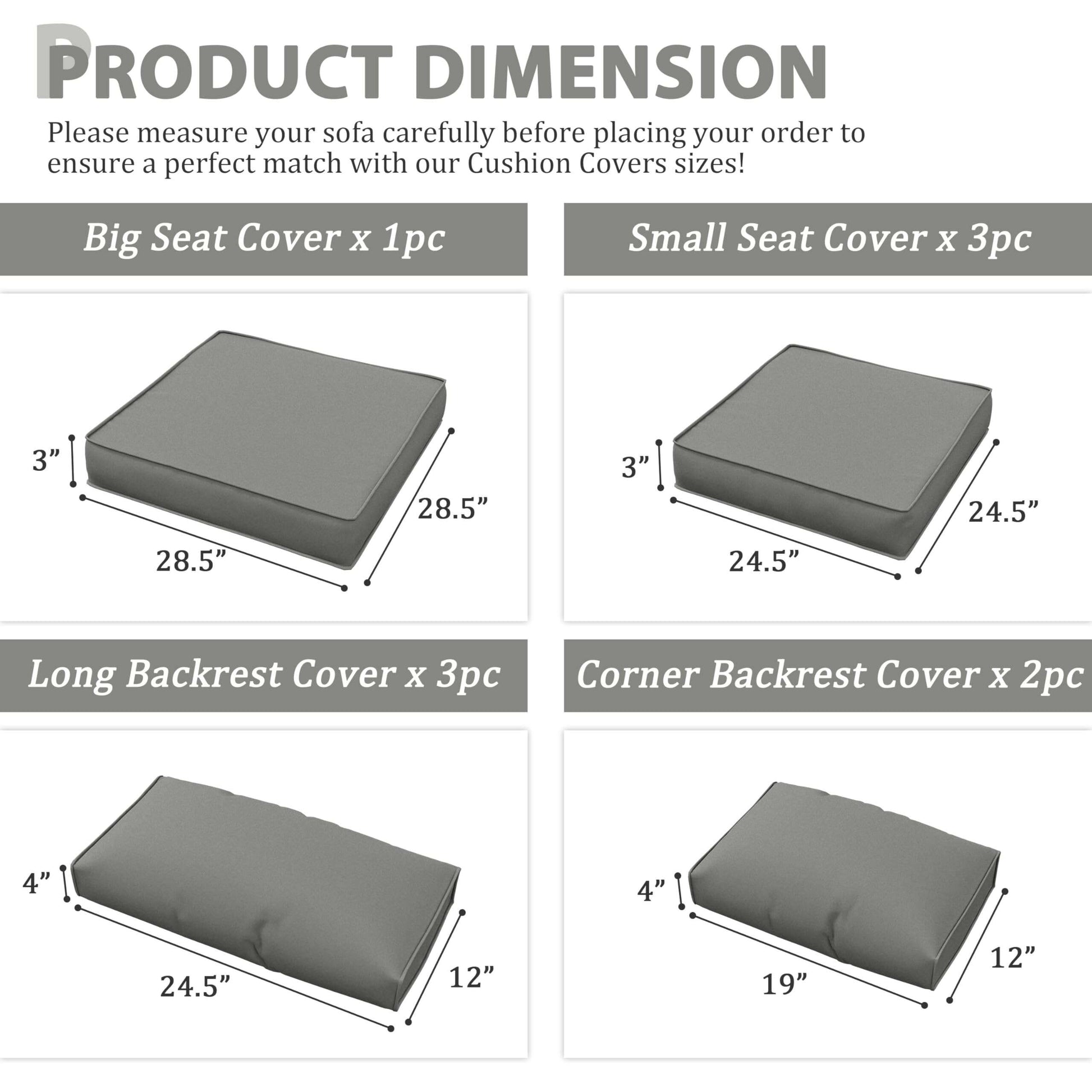 Diagram showing dimensions for sofa cushion covers: big seat 28.5x28.5x3, small seat 24.5x24.5x3,