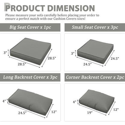 Diagram showing dimensions for sofa cushion covers: big seat 28.5x28.5x3, small seat 24.5x24.5x3,