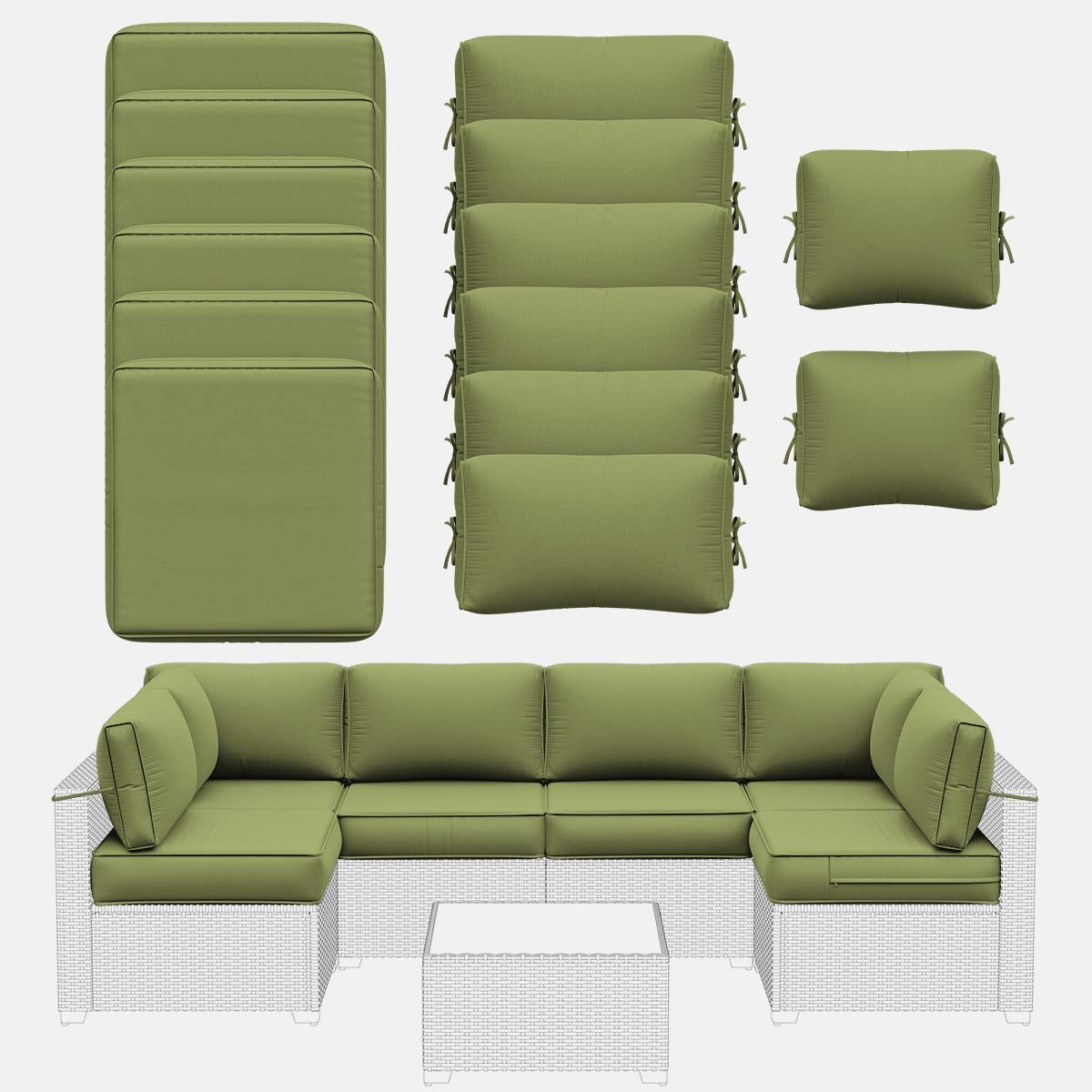 Green outdoor furniture set including a sectional sofa and cushions