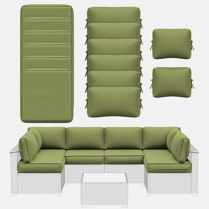 Green outdoor furniture set including a sectional sofa and cushions