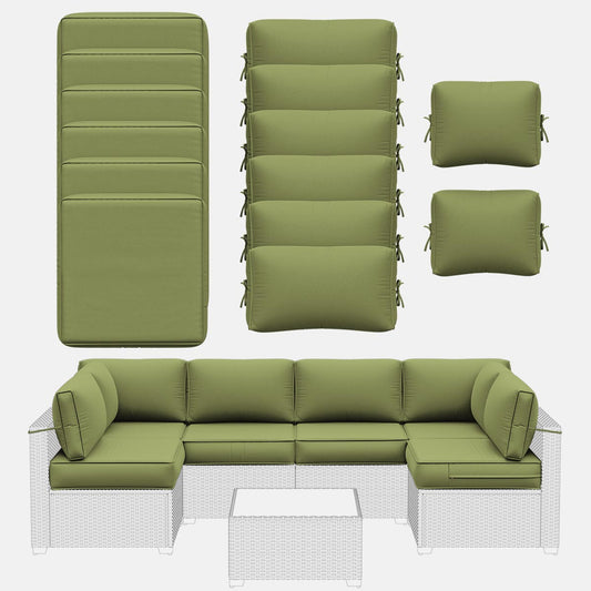 Green outdoor furniture set including a sectional sofa and cushions