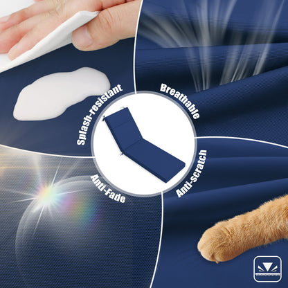 Navy blue fabric with text highlighting features like 'Smash-resistant', 'Breathable', 'Anti-Fade', and 'Anti-Scratch'. A paw is shown interacting with the fabric.