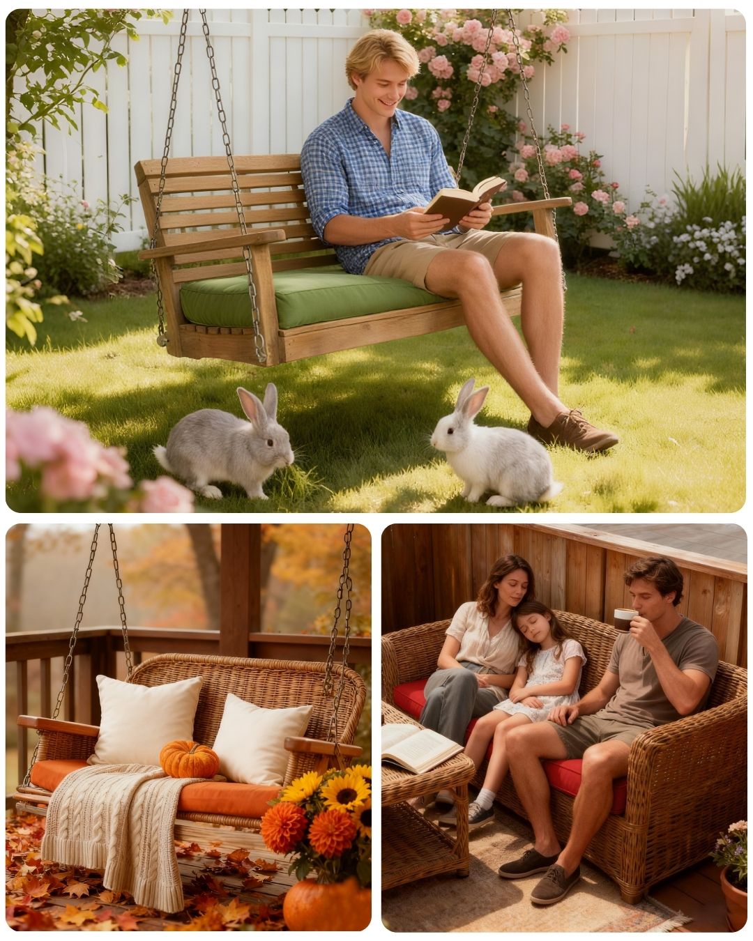 Man reading a book on a wooden swing with two rabbits in a garden, surrounded by autumn decorations.