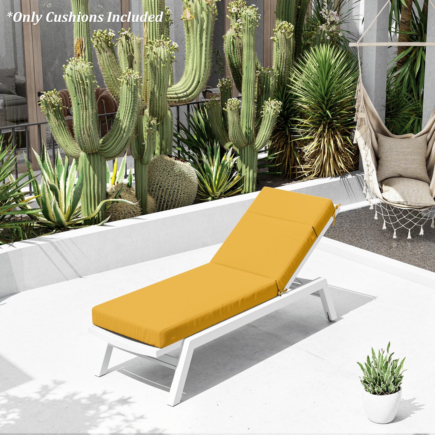 Outdoor lounge chair with yellow cushion in a garden setting