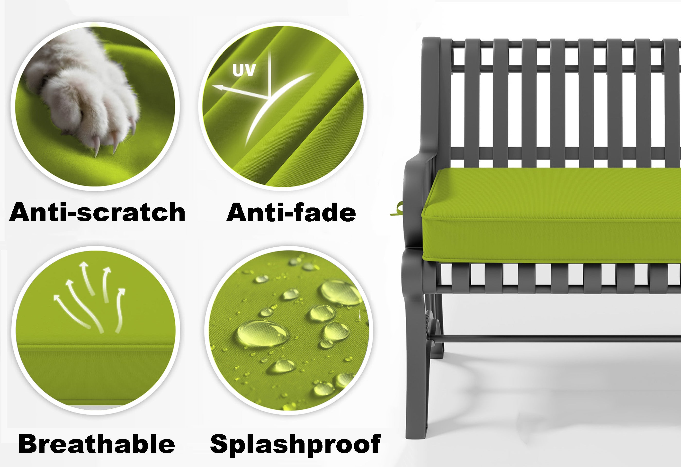 Green outdoor cushion with anti-scratch, anti-fade, breathable, and splashproof features on a bench.