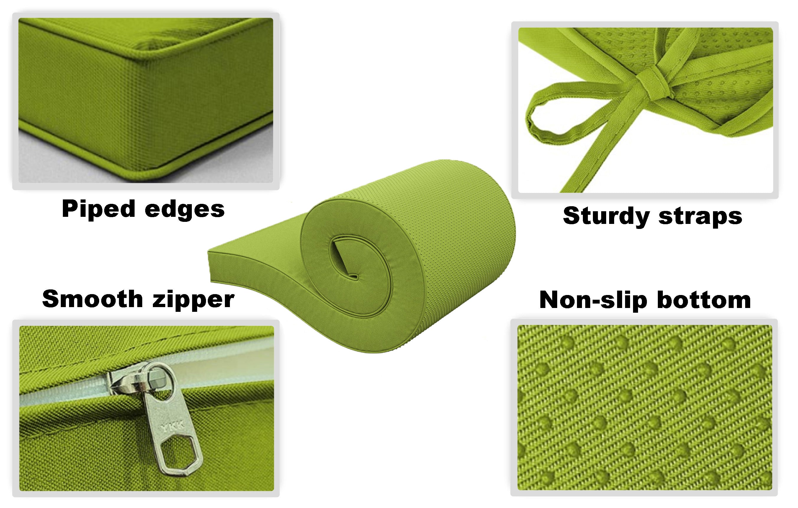 Green bench cushion with features highlighted: piped edges, tie straps, smooth zipper, and non-slip bottom.