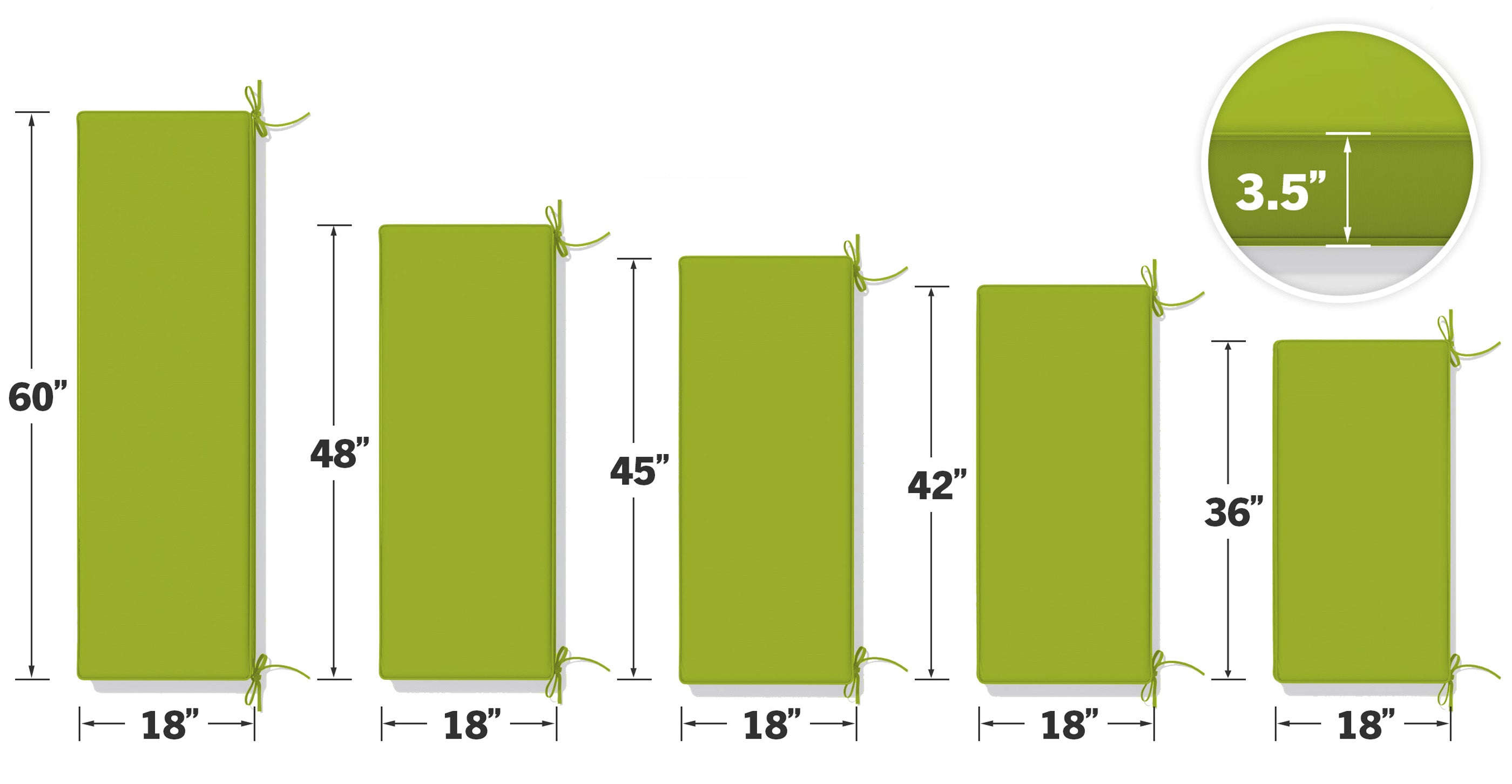 Set of green bench cushions with dimensions