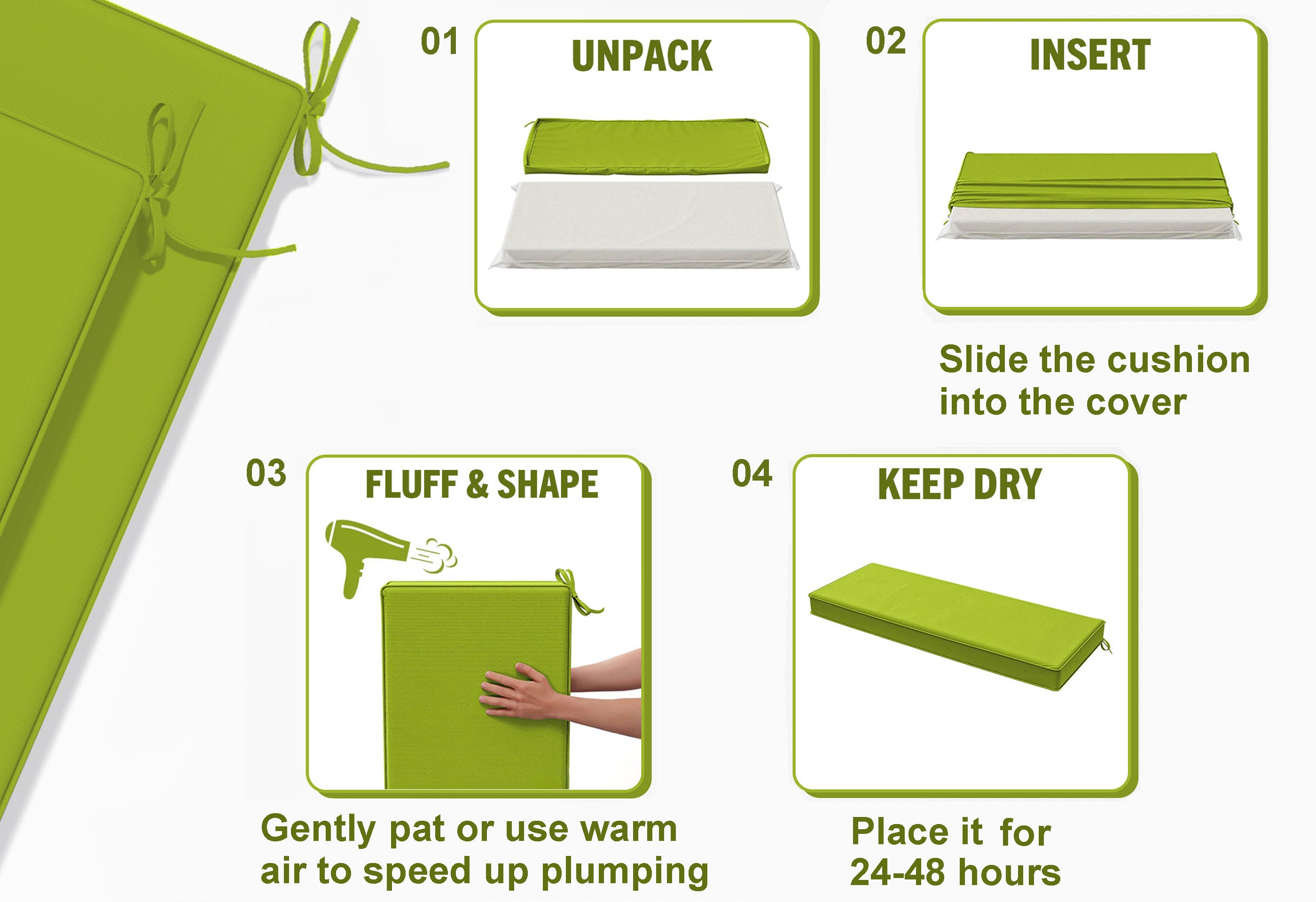 Instructions for using a green bench cushion with text on how to unpack, insert, fluff, and shape the cushion.