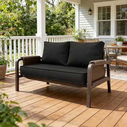Outdoor loveseat with black cushions on a wooden deck with a house and garden in the background