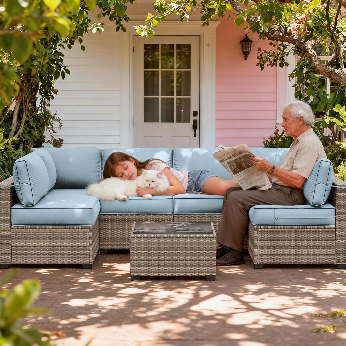 grandpa and granddaughter spend their leisure time in the patio