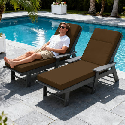 Man relaxing on a brown outdoor lounge chair by a pool