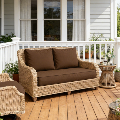 Wicker outdoor loveseat with brown cushions on a wooden deck