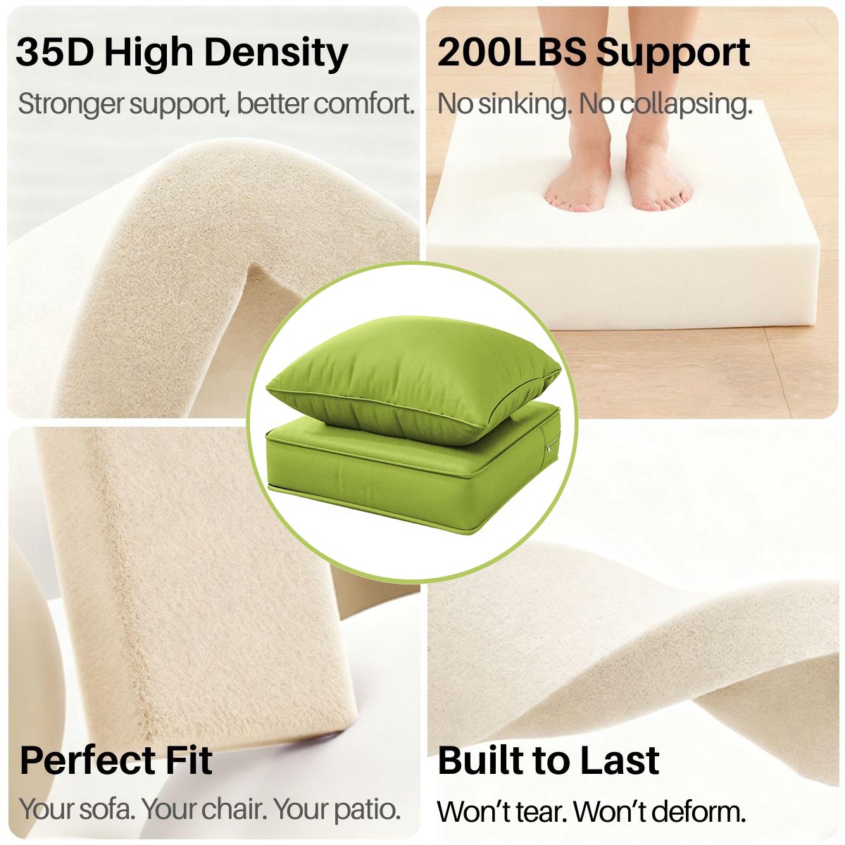 a high-density cushion with support features and a green pillow