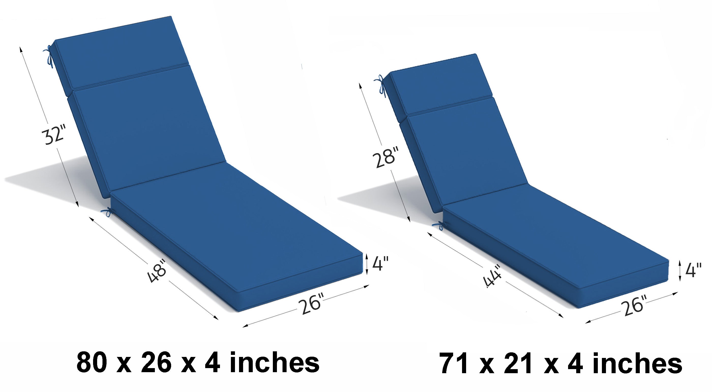 Two blue lounge cushions with dimensions