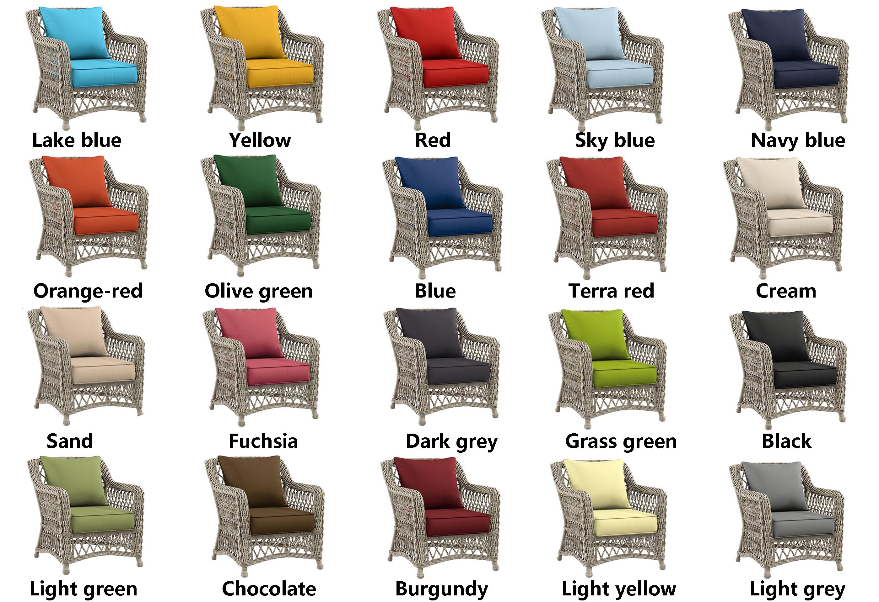 Set of wicker chairs with various colored cushions