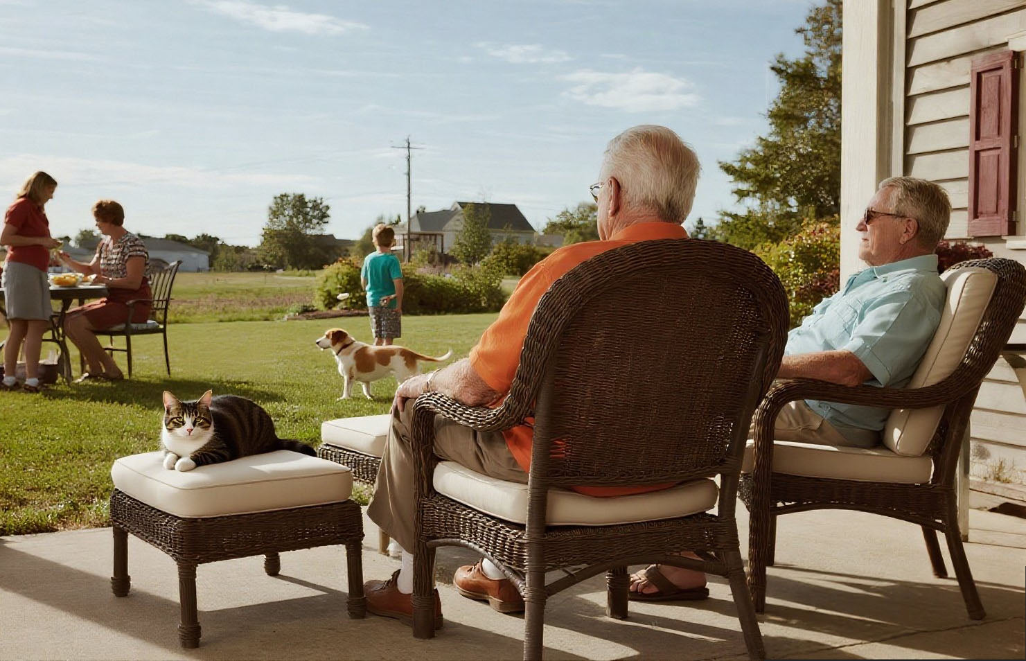 Two men sitting on a porch with a cat and dog, enjoying a sunny day.