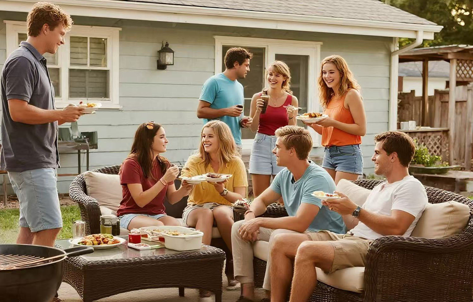Group of friends socializing outdoors on a patio