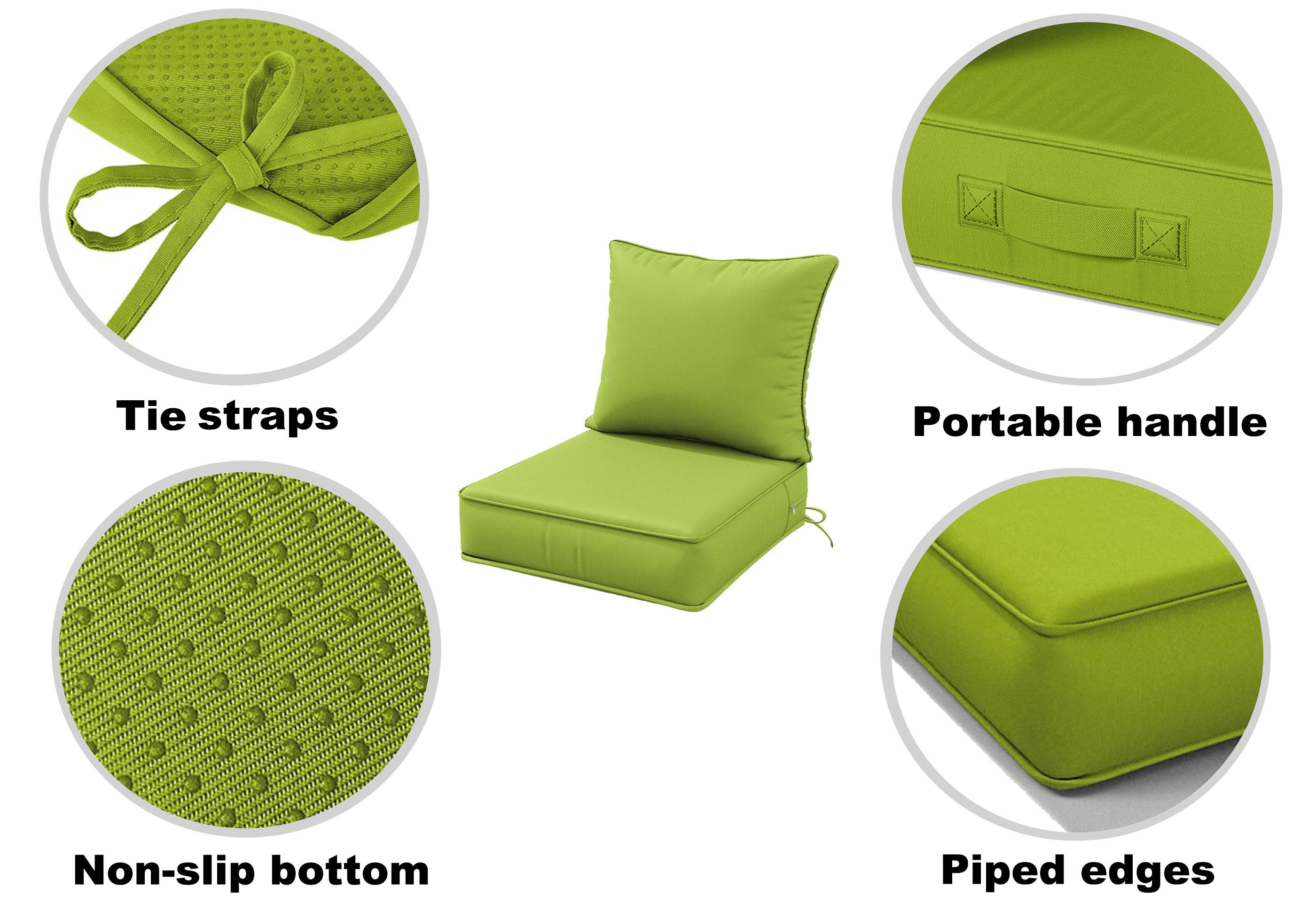 four details of outdoor replacement cushion set, portable handle, back corner tie straps, non slip pads on the bottom, and piped edges