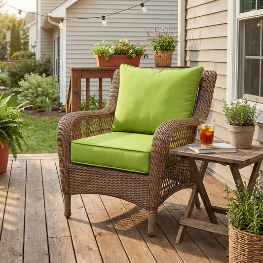 green cushion and pillow on a wicker chair in the backyard