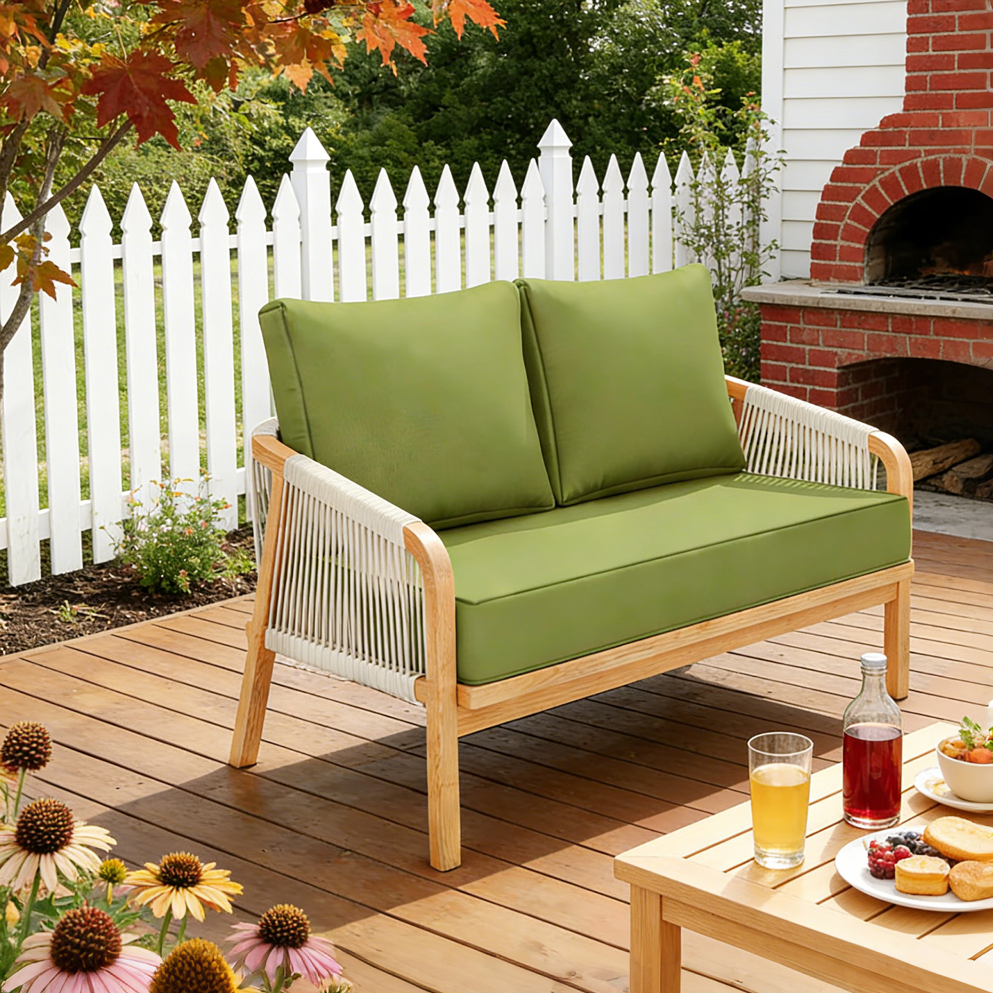 Outdoor setting with a wooden loveseat with green cushions on a wooden deck, surrounded by a white picket fence and garden.