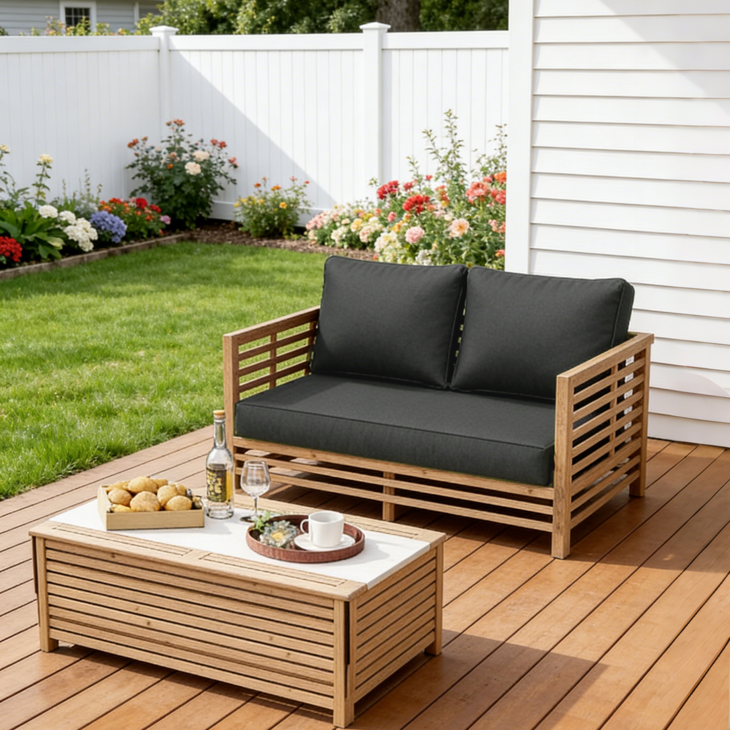 Wooden outdoor sofa with dark grey loveseat cushions on a wooden deck, surrounded by a garden.