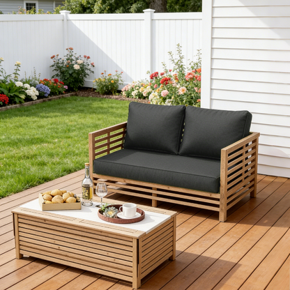 Wooden outdoor sofa with dark grey loveseat cushions on a wooden deck, surrounded by a garden.