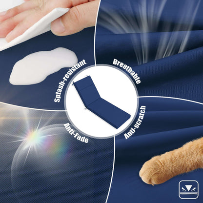 Navy blue fabric with text highlighting features like 'Smash-resistant', 'Breathable', 'Anti-Fade', and 'Anti-Scratch'. A paw is shown interacting with the fabric.