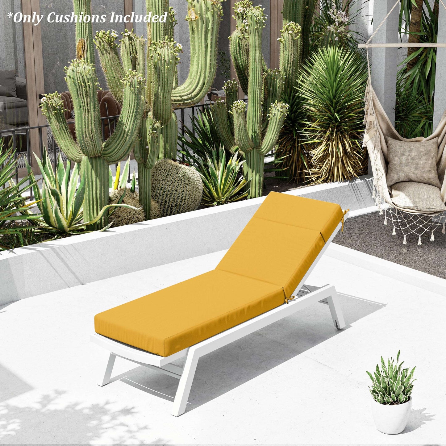 Outdoor lounge chair with yellow cushion in a garden setting