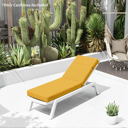 Outdoor lounge chair with yellow cushion in a garden setting