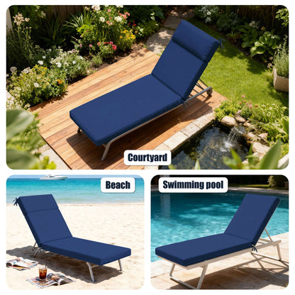 Blue lounge chair shown in a courtyard, beach, and swimming pool setting.