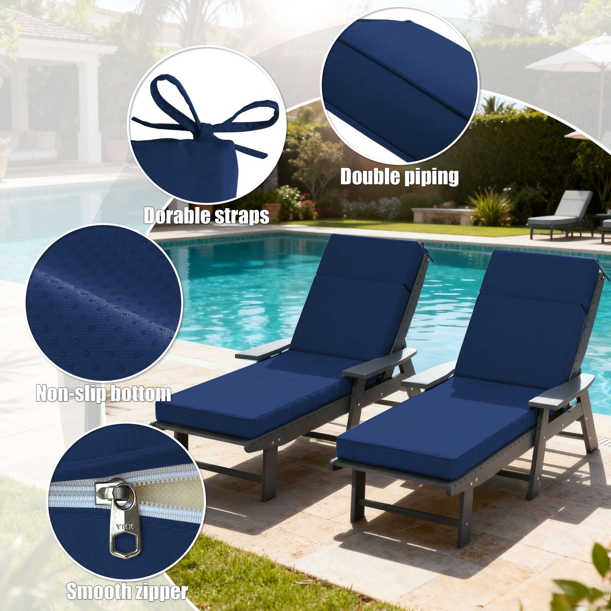 Two blue lounge chairs with cushions by a pool, featuring close-ups of durable straps, double piping, non-slip bottom, and smooth zipper.