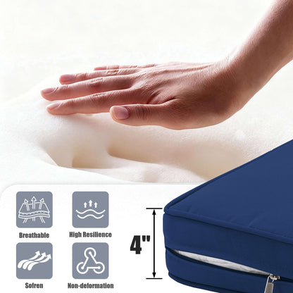 Hand touching a foam topper with cushion features displayed.