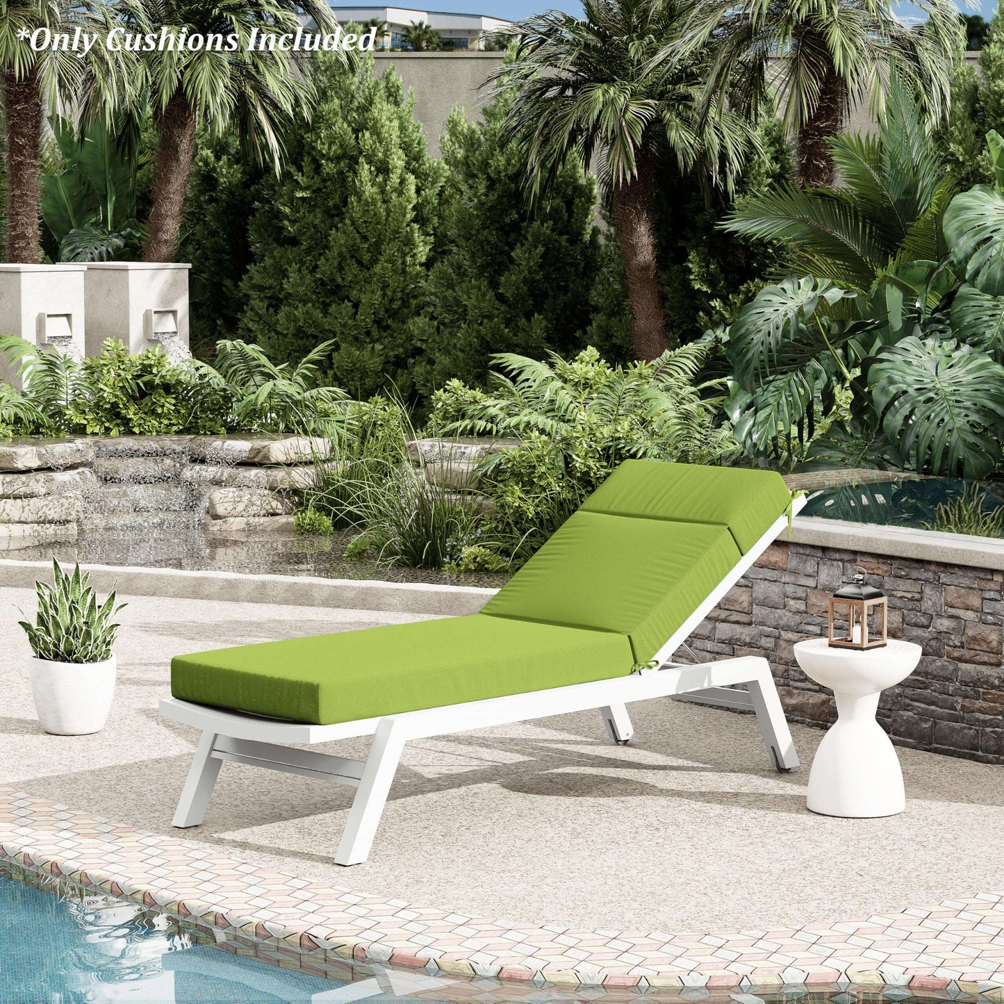 Green cushioned lounge chair on a patio with pool and garden view