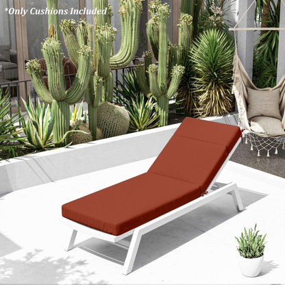 Outdoor lounge chair with terrared cushion in a garden setting with cacti and plants.