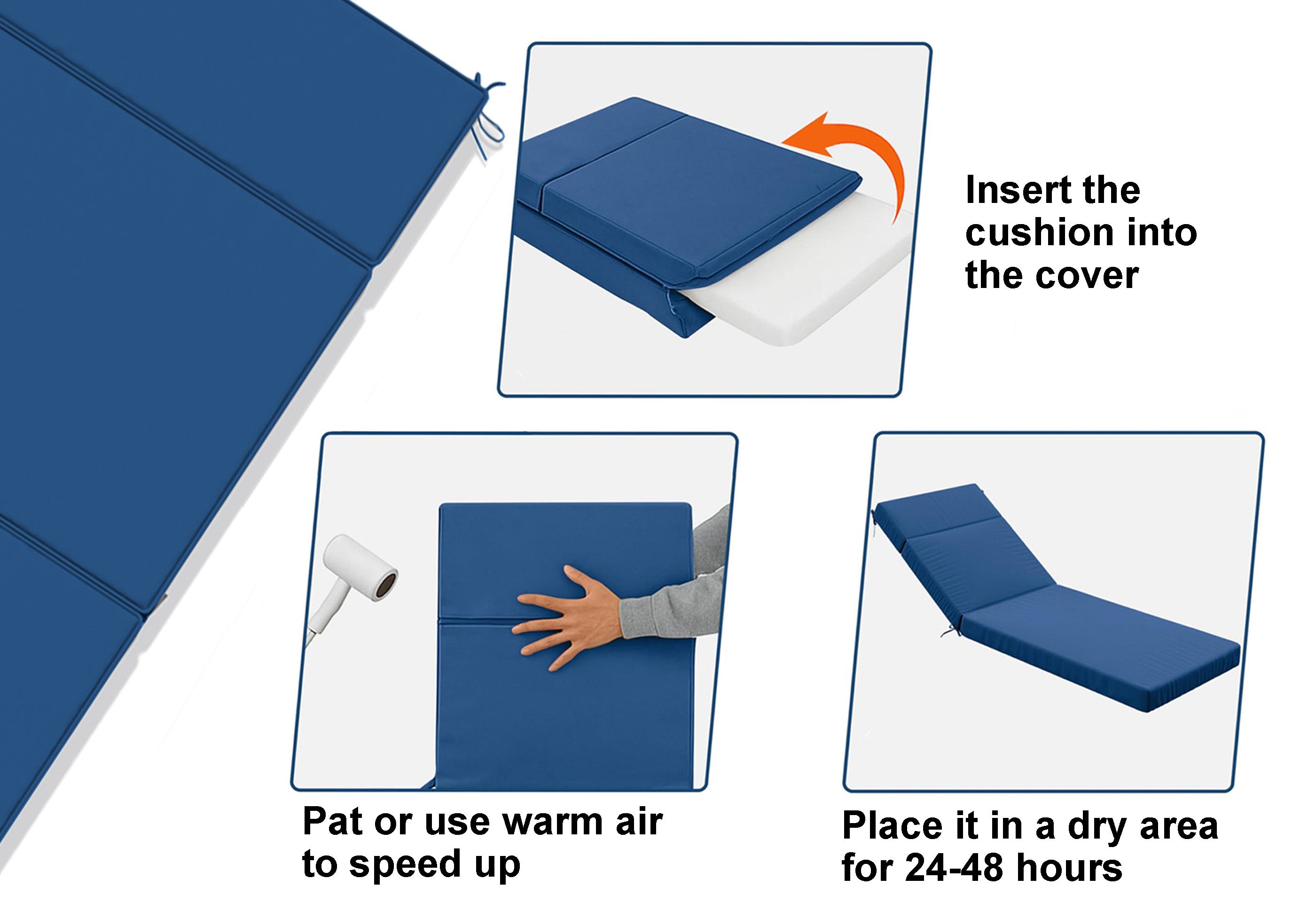 Instructions for inserting a blue cushion into a cover with text on how to use it.