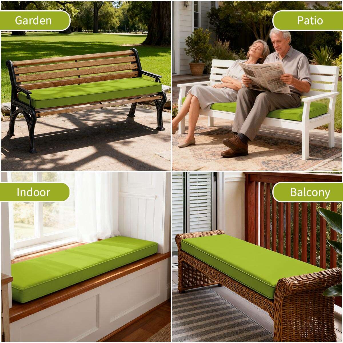Collage of green cushioned benches in various settings including garden, patio, indoor, and balcony.
