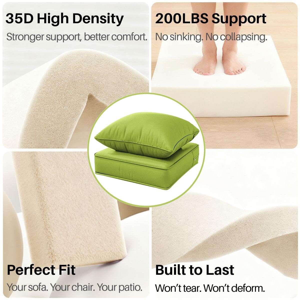 a high-density cushion with support features and a green pillow