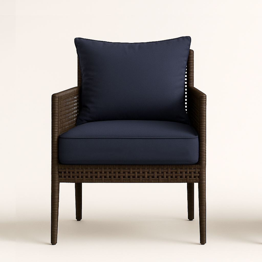 navy outdoor replacement cushions on a wicker chair