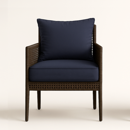 navy outdoor replacement cushions on a wicker chair